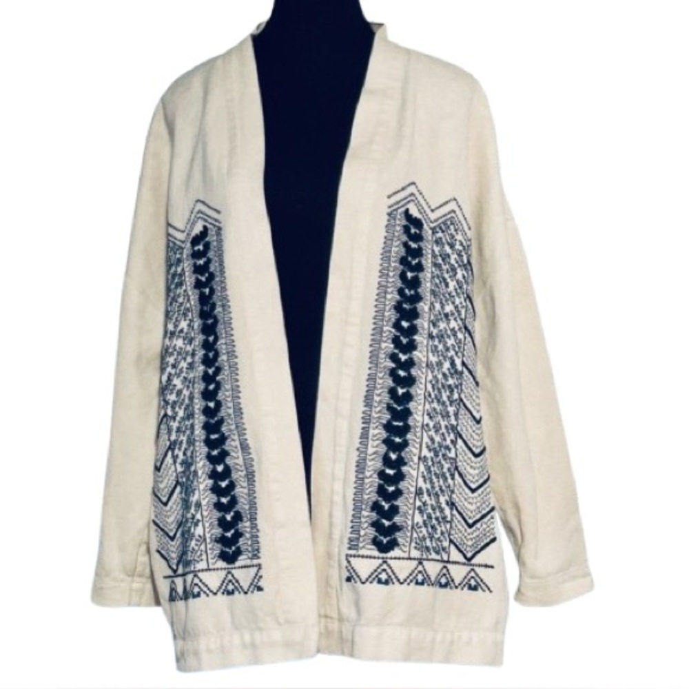 SOFT SURROUNDINGS Embroidered Cream Navy jacket Cardigan Large Open Embroidered